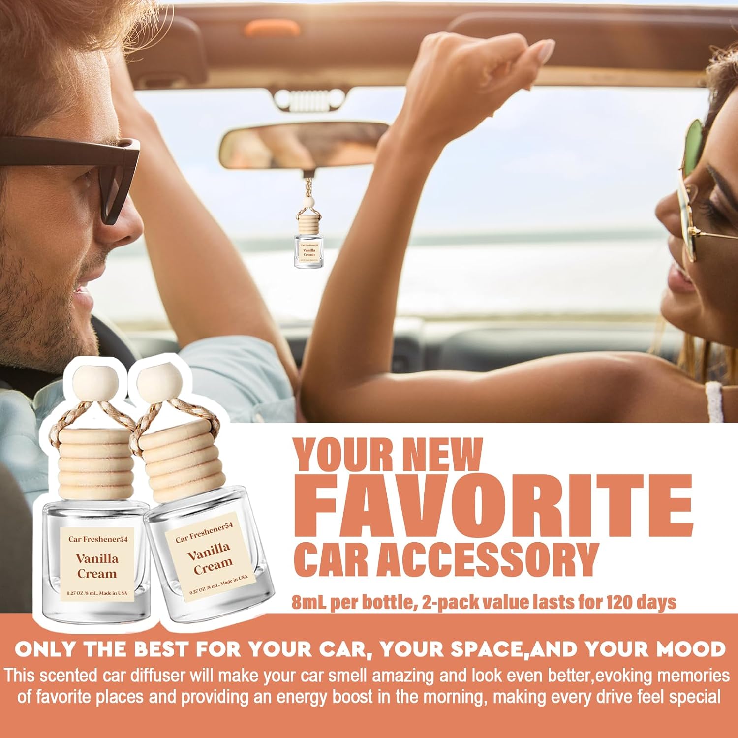 Demonstrates how the car freshener improves the driving experience by creating a pleasant atmosphere and evoking positive memories. Highlights the product's long-lasting nature, emphasizing its…