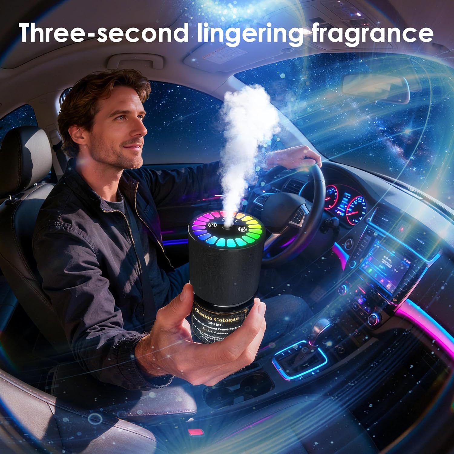 Highlights the product's ability to provide a lingering scent for three seconds, emphasizing its effectiveness as a car air freshener.
