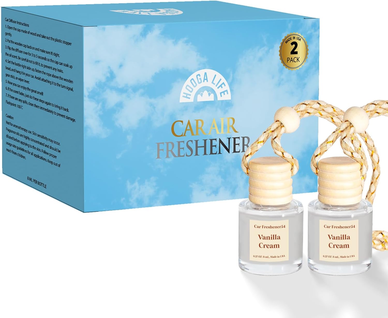 Shows the complete product package, highlighting that customers receive two vanilla cream scented car air fresheners.