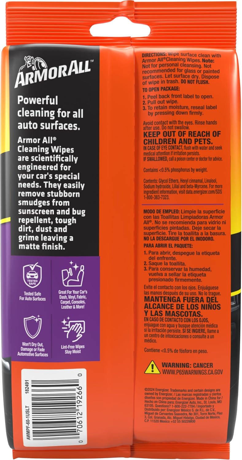 Highlights multiple benefits of the cleaning wipes, including their powerful cleaning ability, versatility for all auto surfaces, and safety for use on…