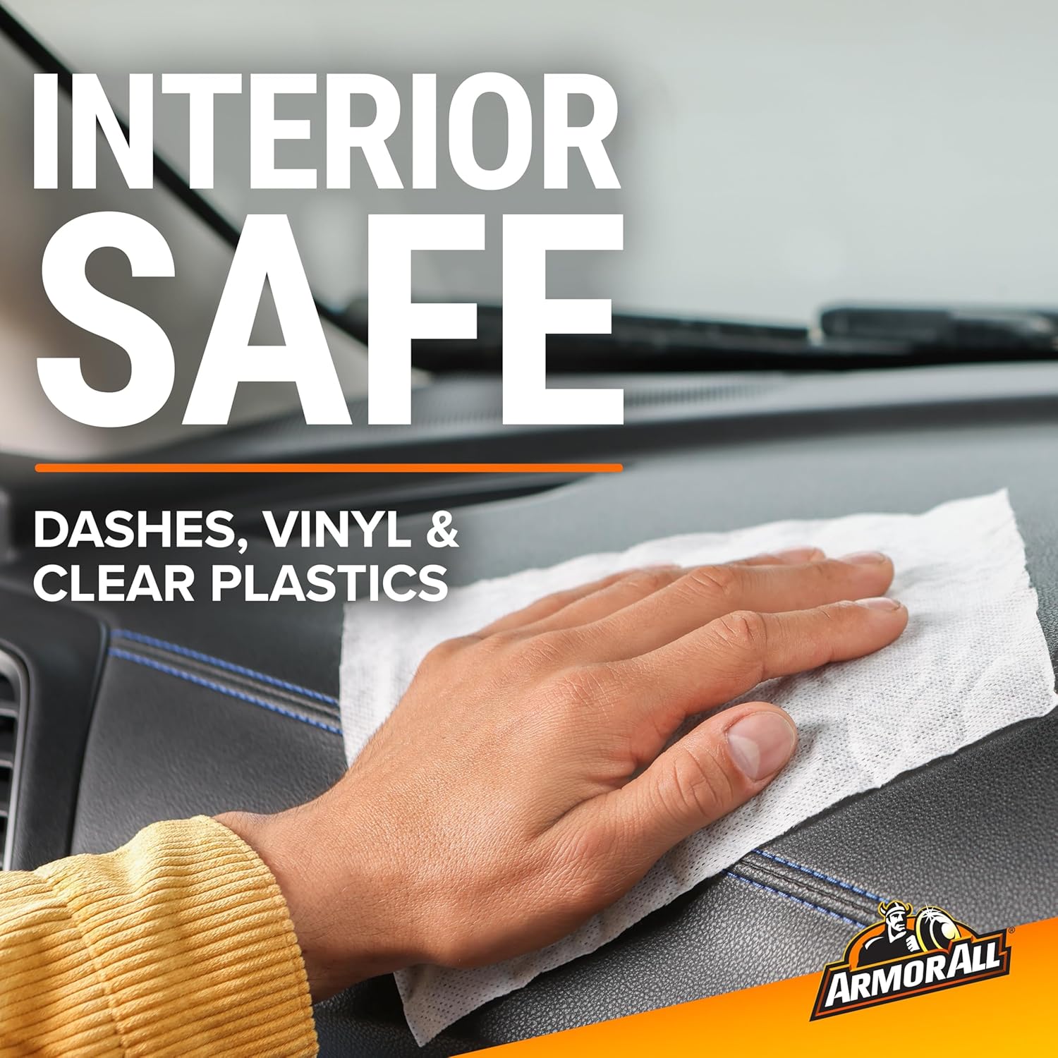 Highlights that the product is safe for cleaning car interiors, specifically mentioning dashes, vinyl, and clear plastics.