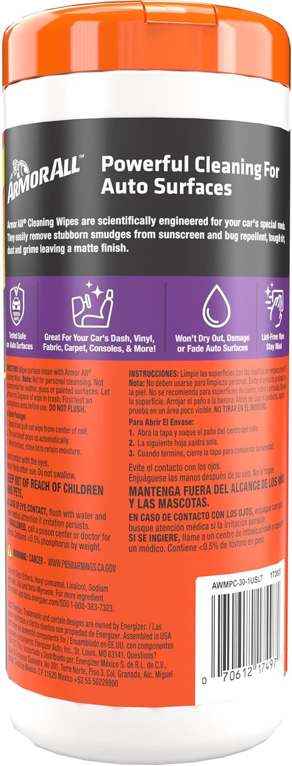 Highlights multiple benefits of the cleaning wipes to show versatility and effectiveness for various auto surfaces.