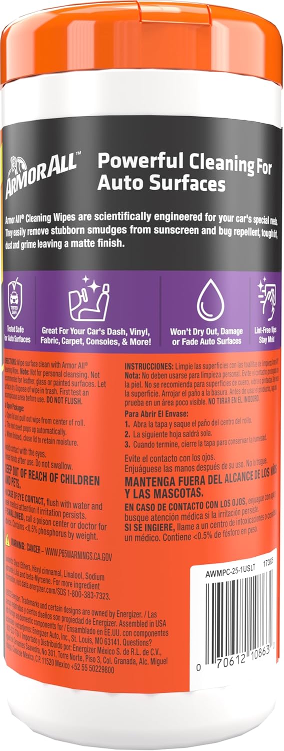 Highlights multiple benefits of the cleaning wipes, including versatility for different car surfaces and safety for auto materials.
