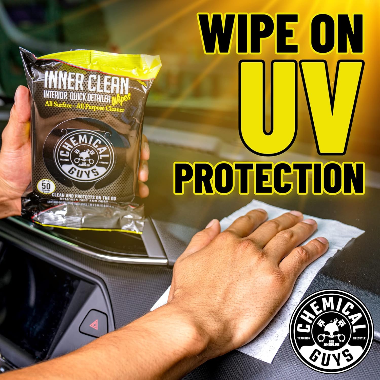 Highlights the UV protection feature of the cleaning wipes to reassure customers about protecting their car's interior from sun damage.