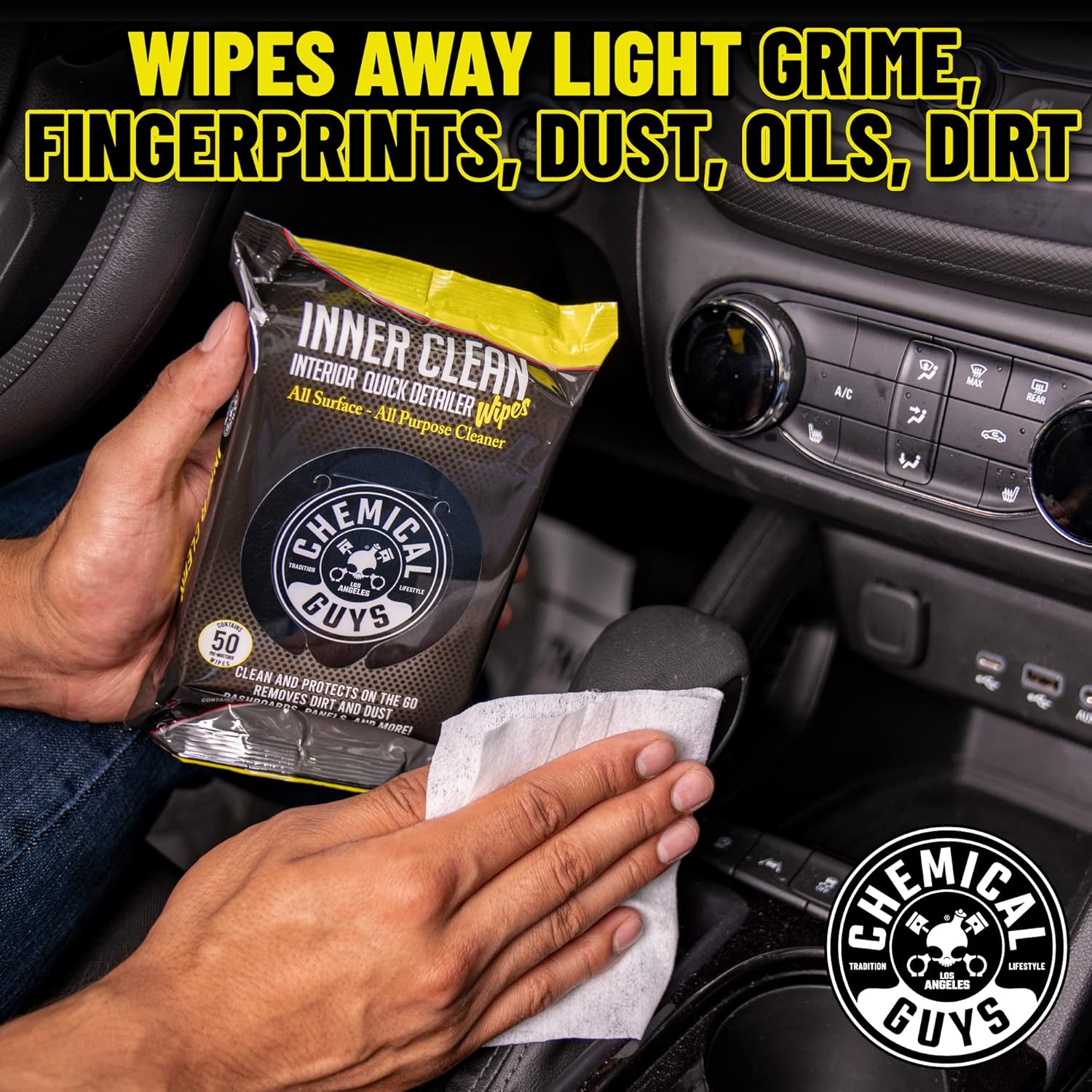 Highlights the product's ability to clean multiple types of dirt and grime from various surfaces in a car interior.