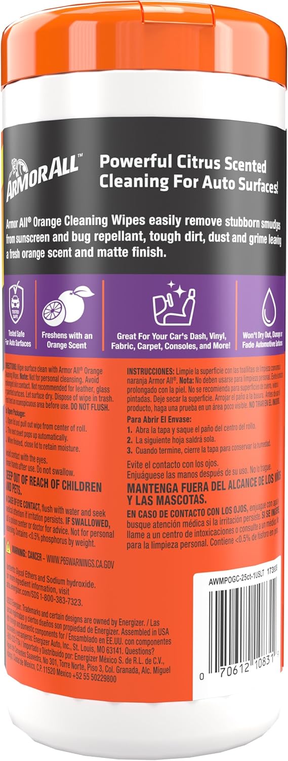 Highlights multiple benefits of the cleaning wipes including their citrus scent, ability to clean various auto surfaces, and effectiveness in removing tough…