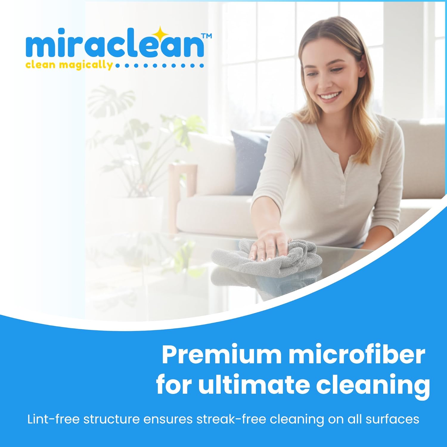 Highlights the product's premium microfiber material for superior cleaning performance, emphasizing streak-free results on all surfaces.