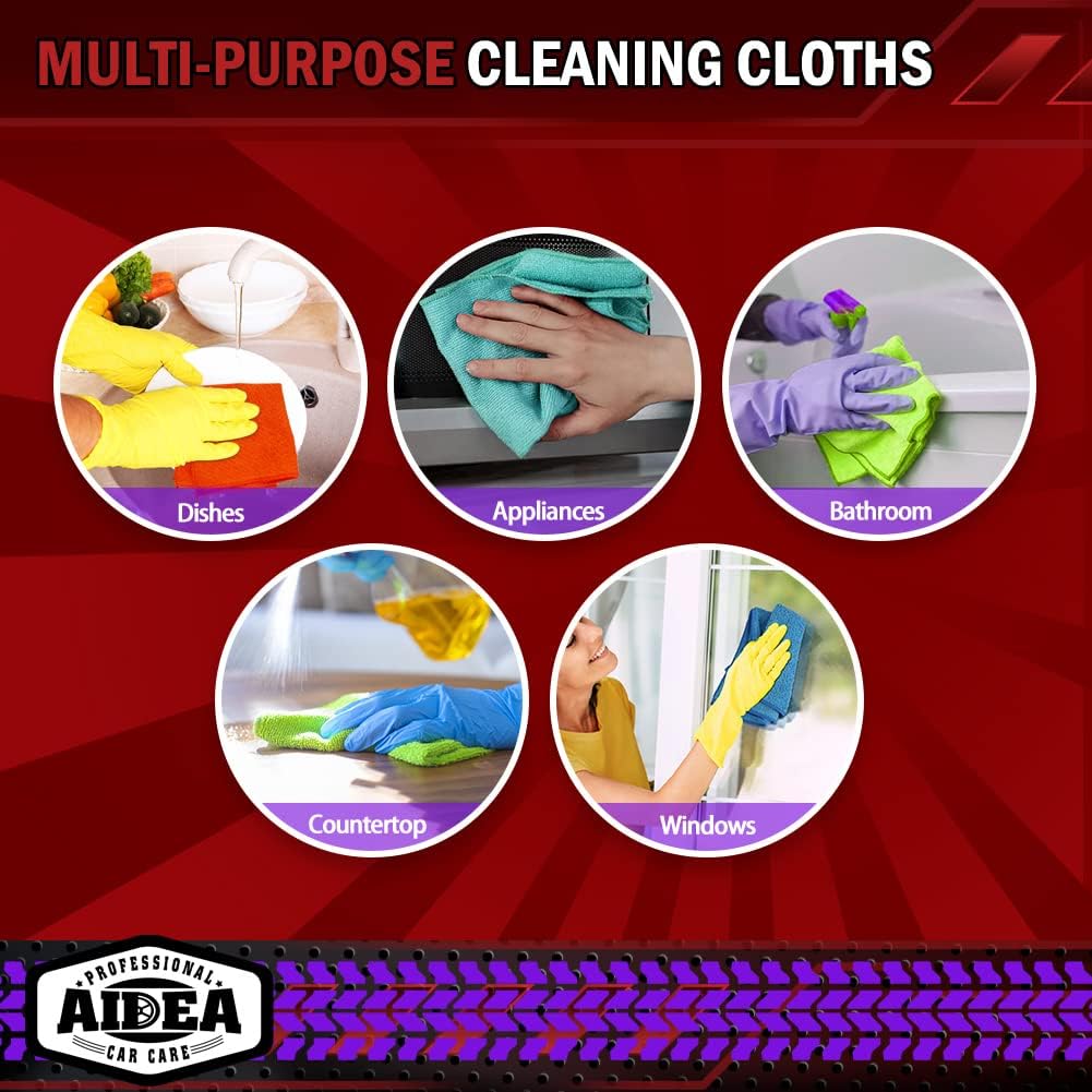 Demonstrates the versatility of the cleaning cloths by showing their use on various surfaces and items around the home.