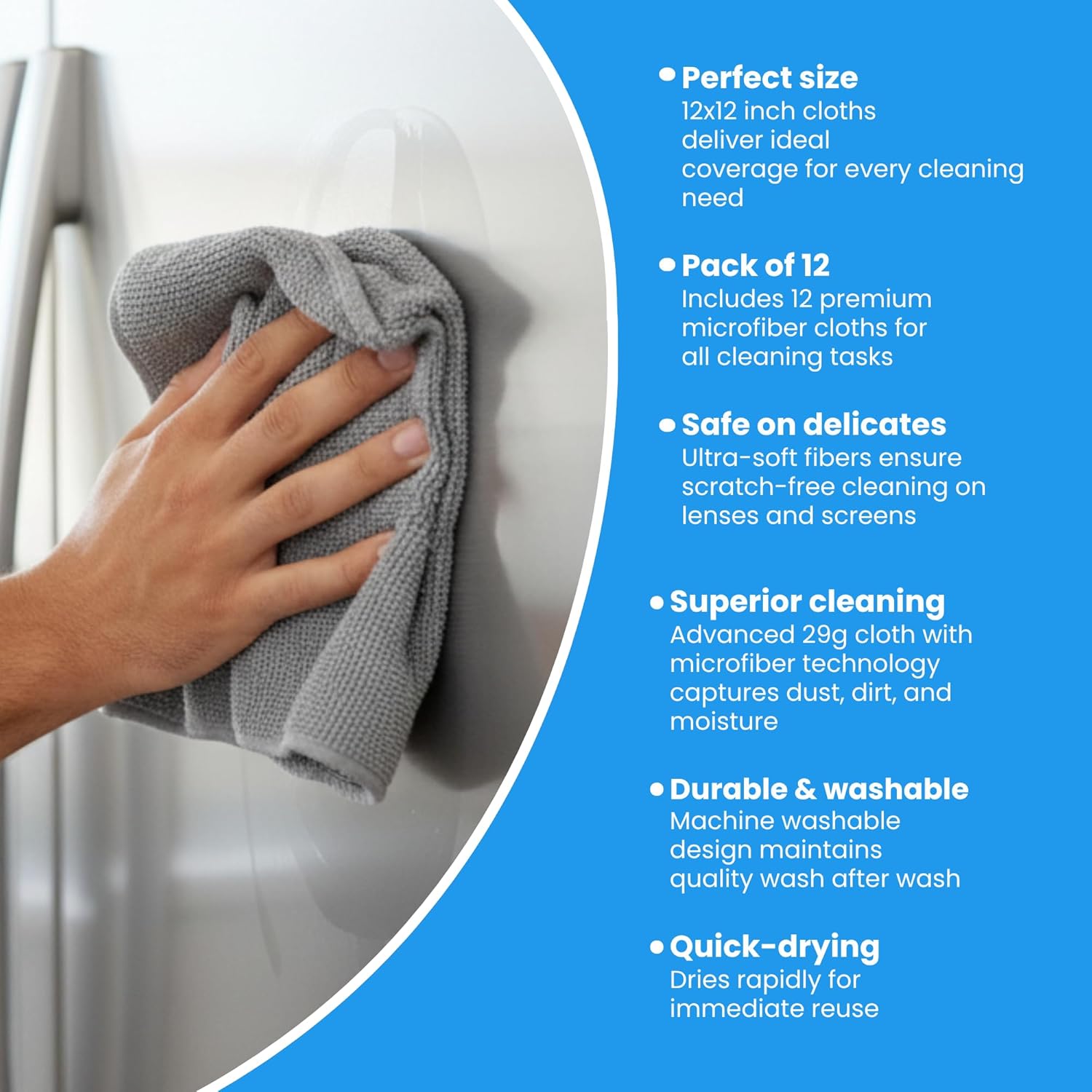 Highlights multiple key features and benefits of the microfiber cleaning cloths to demonstrate their versatility and effectiveness for various cleaning tasks.
