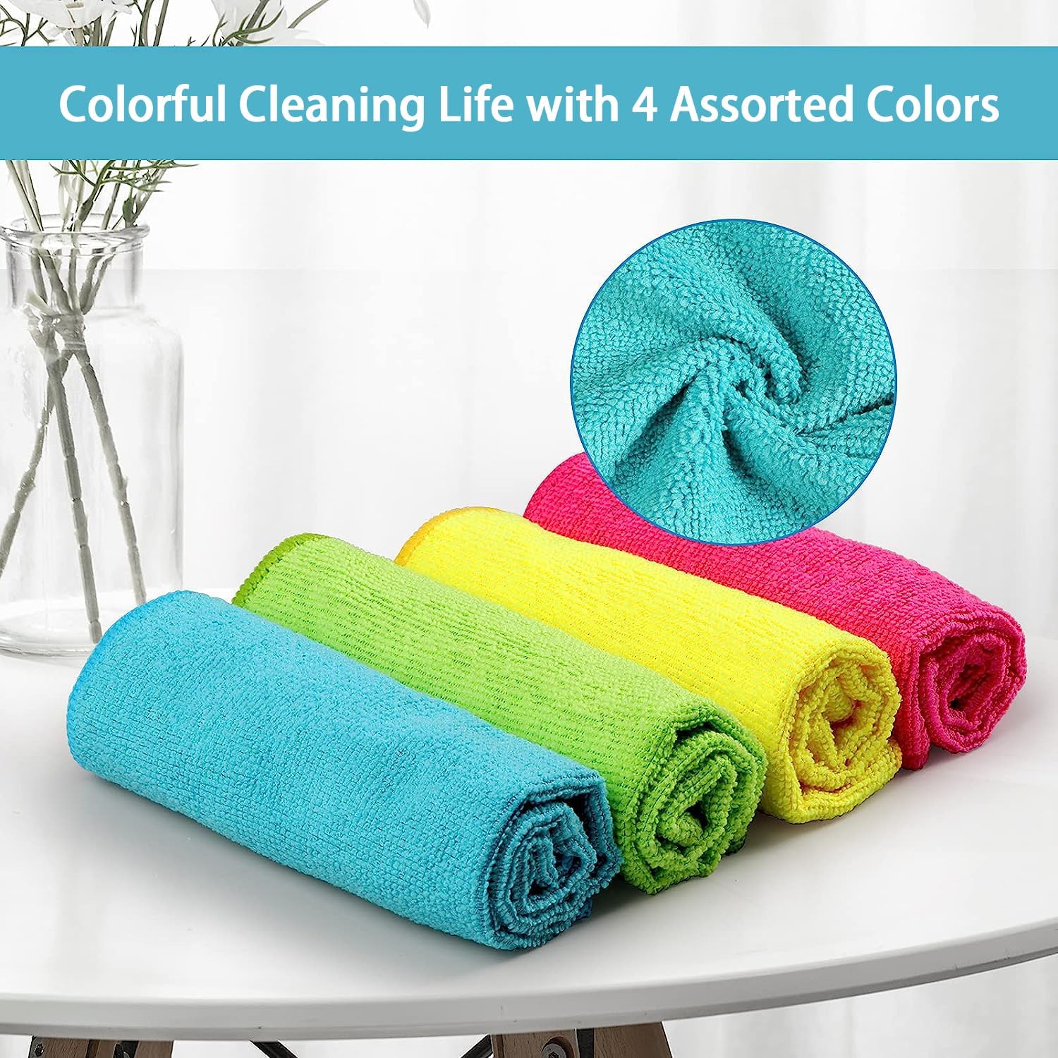 Showcases the product's range of bright colors and highlights the microfiber material quality to appeal to customers looking for versatile and effective…