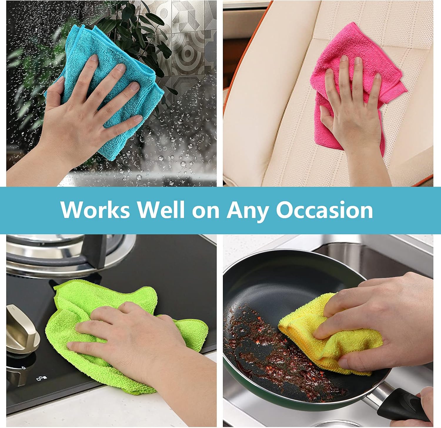 Demonstrates the versatility of the cleaning cloths by showing their use on various surfaces like windows, upholstery, stovetops, and cookware.