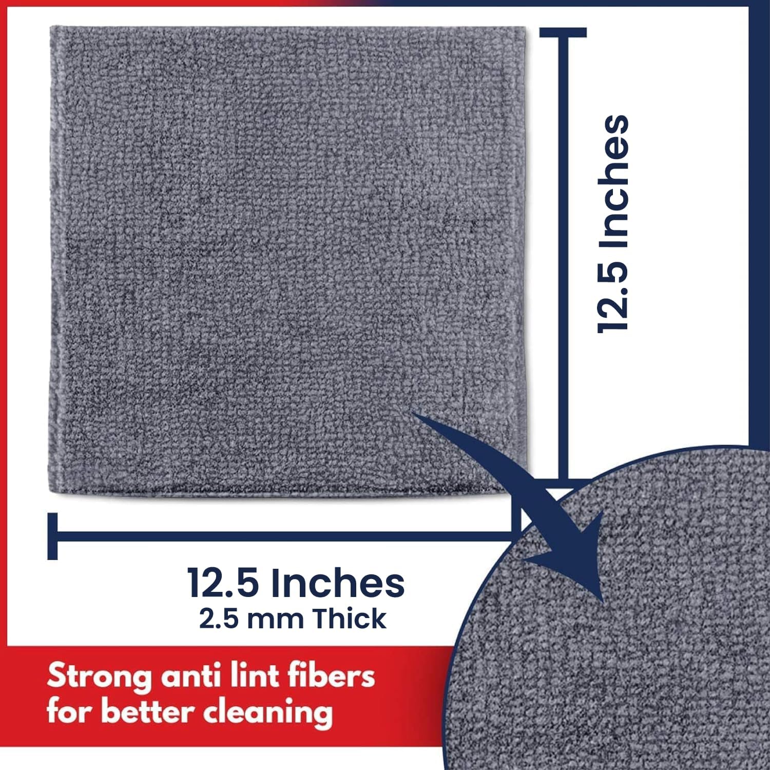 Provides exact measurements of the product to eliminate confusion about its size and thickness. Highlights the product's strong anti-lint fibers to emphasize…