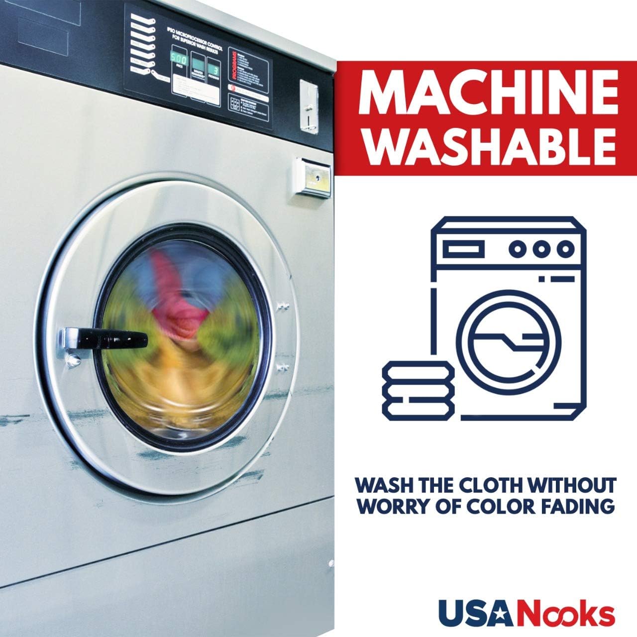 Highlights that the product can be safely washed in a machine without color fading, providing convenience and durability to the customer.