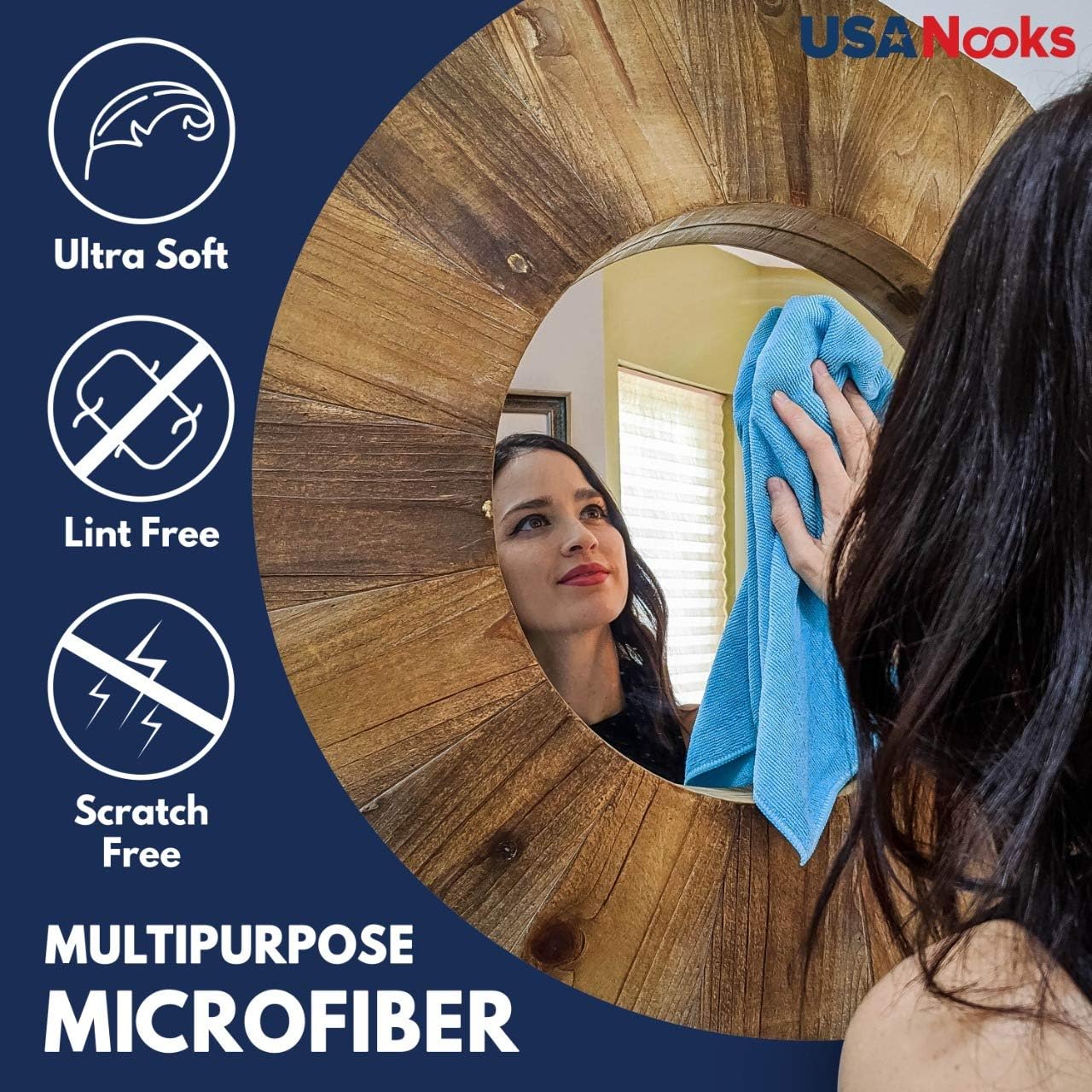 Highlights multiple key features of the microfiber cloth to demonstrate its versatility and quality for various cleaning tasks.