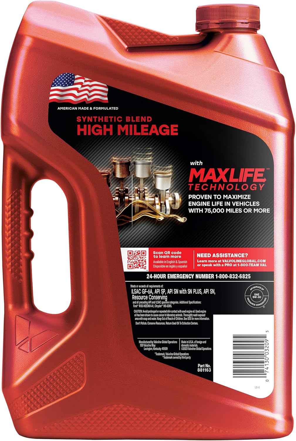 Highlights the product's ability to maximize engine life in high-mileage vehicles and its synthetic blend formulation for improved performance.