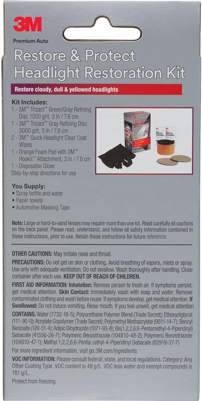 Shows all items included in the headlight restoration kit, helping customers understand what they're getting and how to use it.