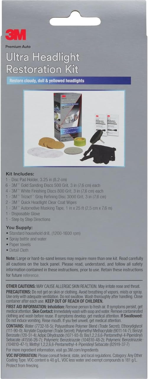 Shows all the items included in the 3M Ultra Headlight Restoration Kit, helping customers understand what they'll receive and the completeness of the solution.