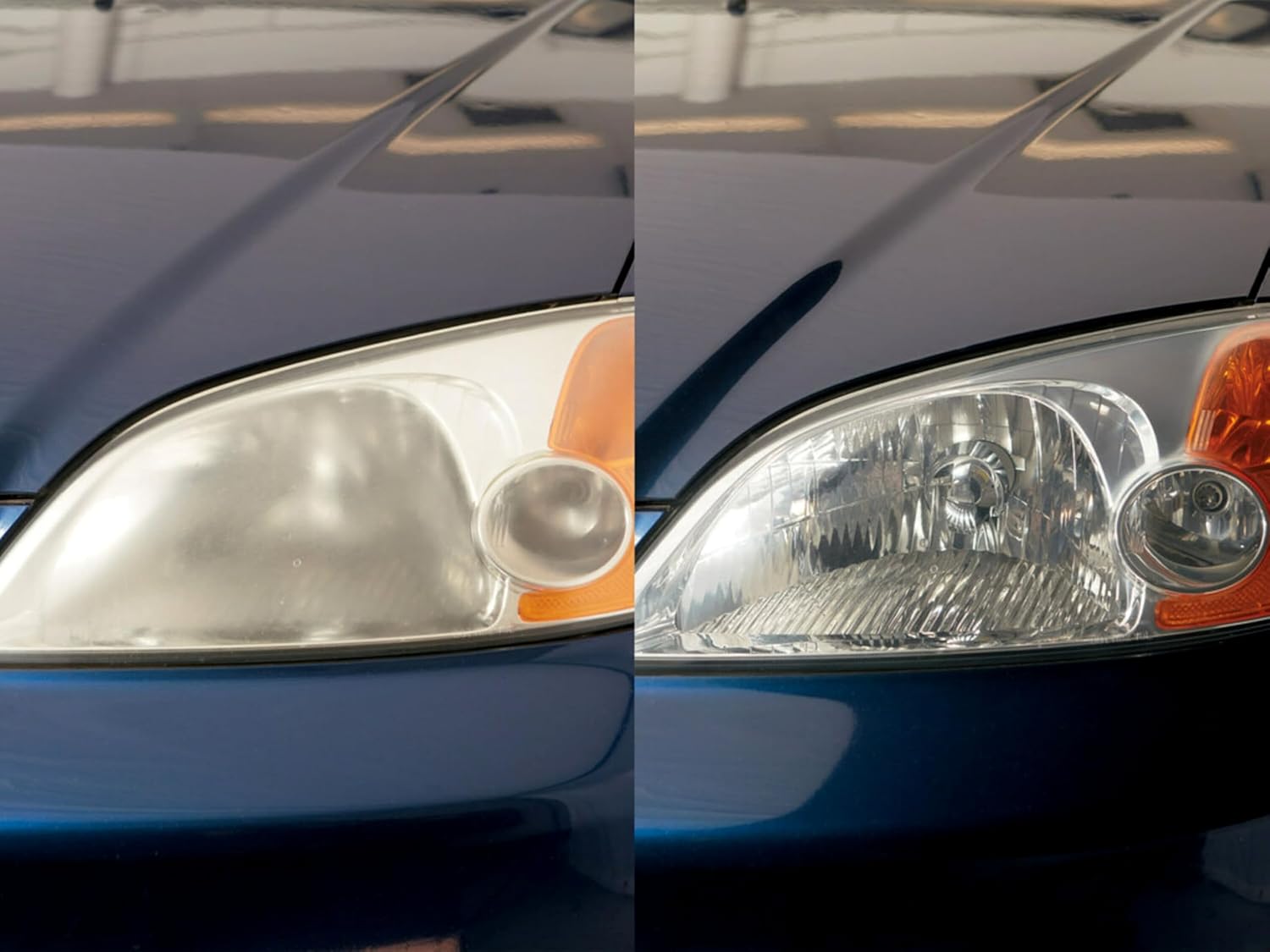 Demonstrates the effectiveness of a headlight restoration product by showing the dramatic improvement in clarity and brightness of car headlights.