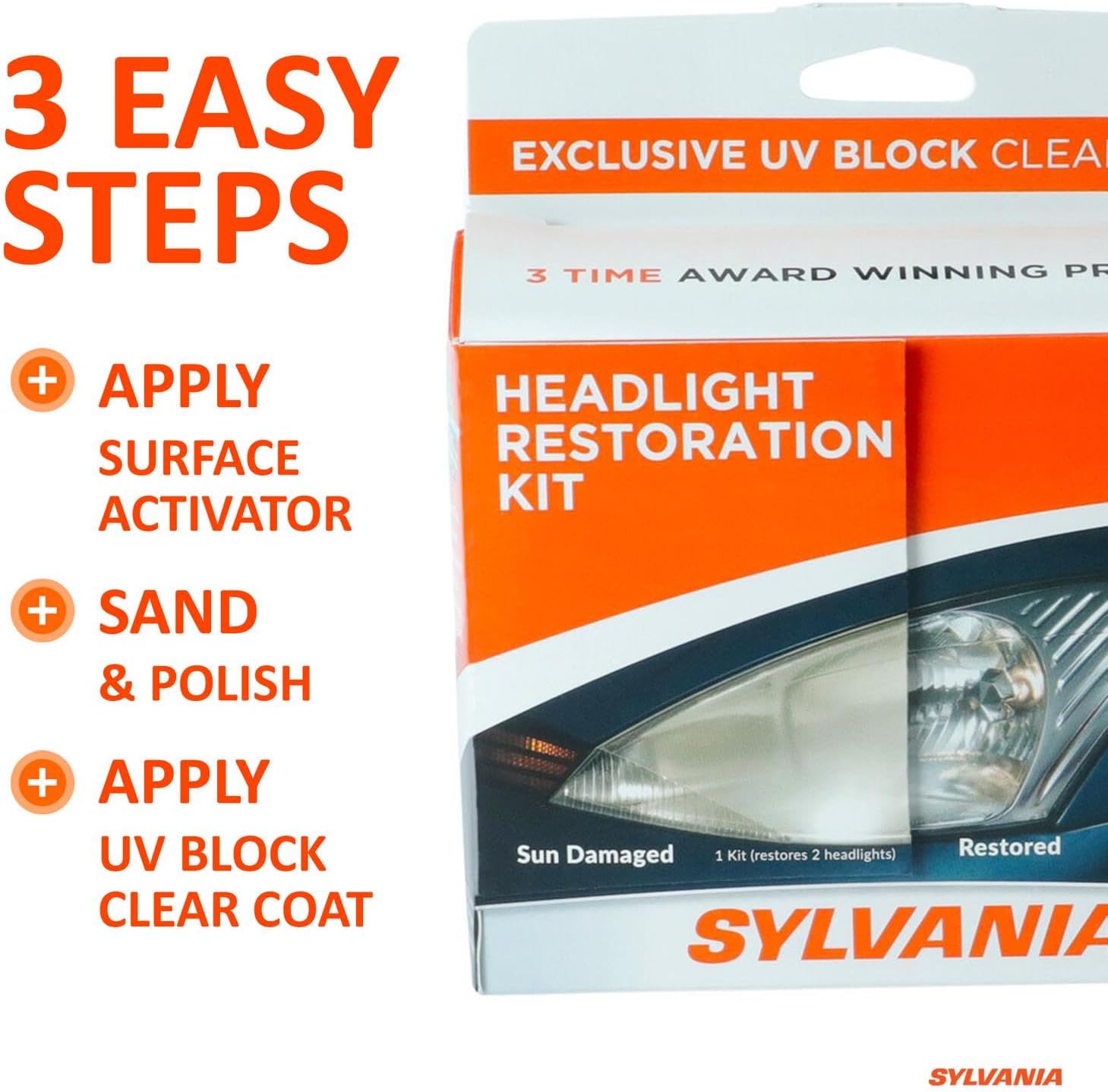 Explains the simple 3-step process for restoring headlights using the kit, making the task seem easy and achievable for customers.