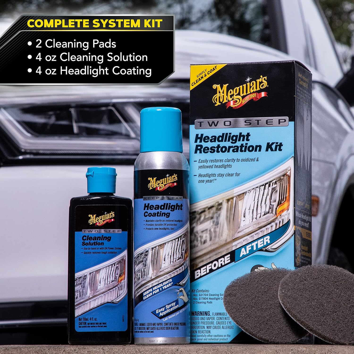 Shows all components included in the headlight restoration kit, reassuring customers they have everything needed for the task. Demonstrates the effectiveness of the product by showing the difference…