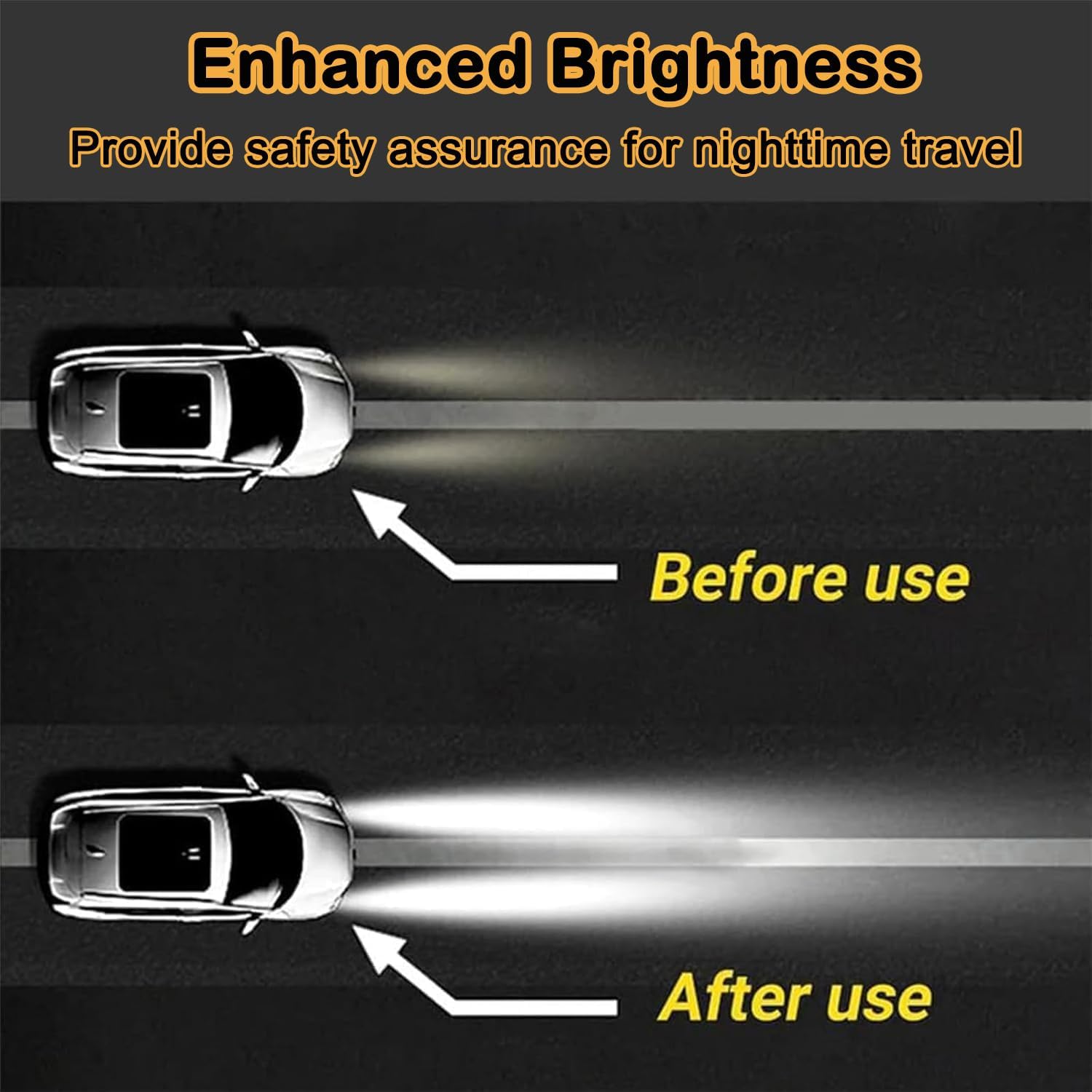 Demonstrates the improved visibility and safety provided by the product's enhanced brightness feature for nighttime driving. Highlights the safety benefit of the product by showing how it enhances…