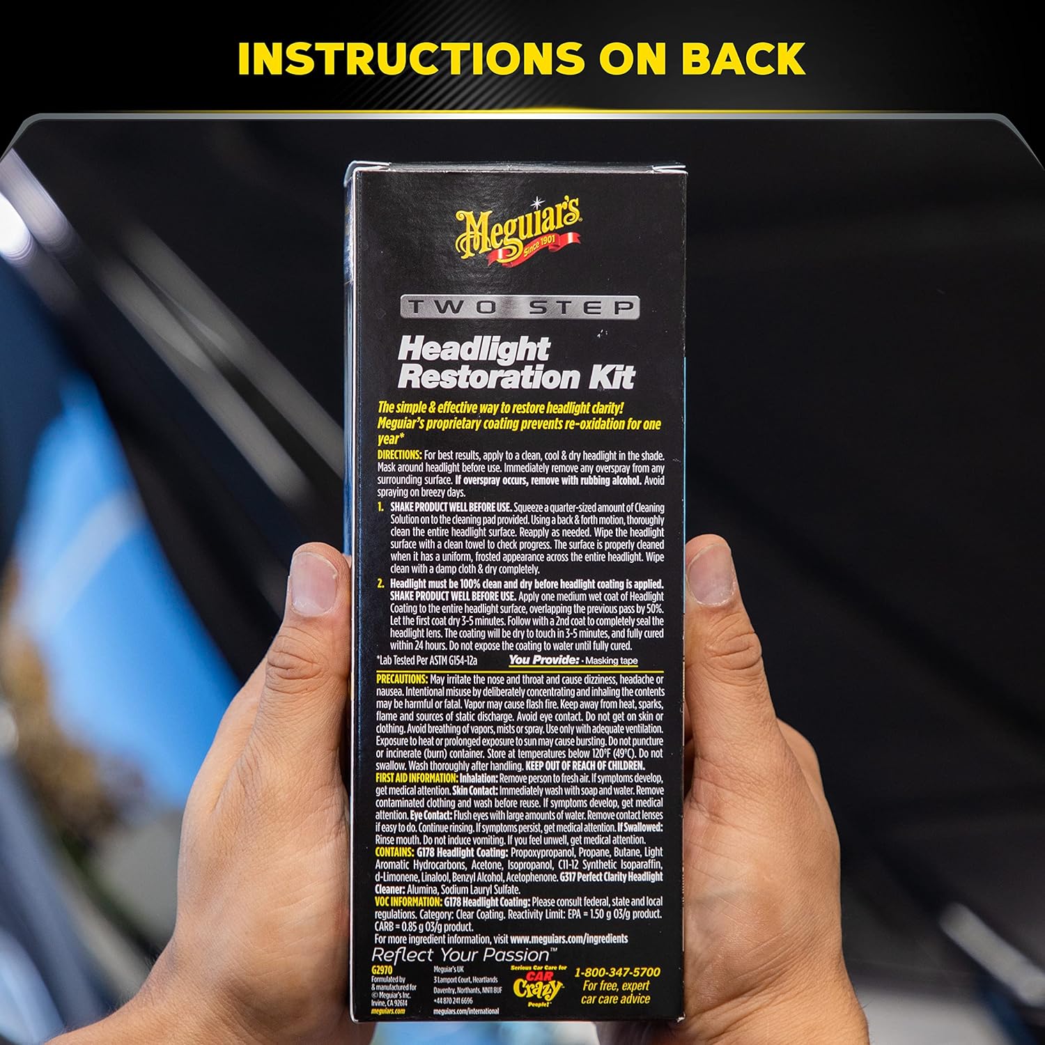 Informs the customer that detailed usage instructions for the headlight restoration kit are provided on the back of the package.