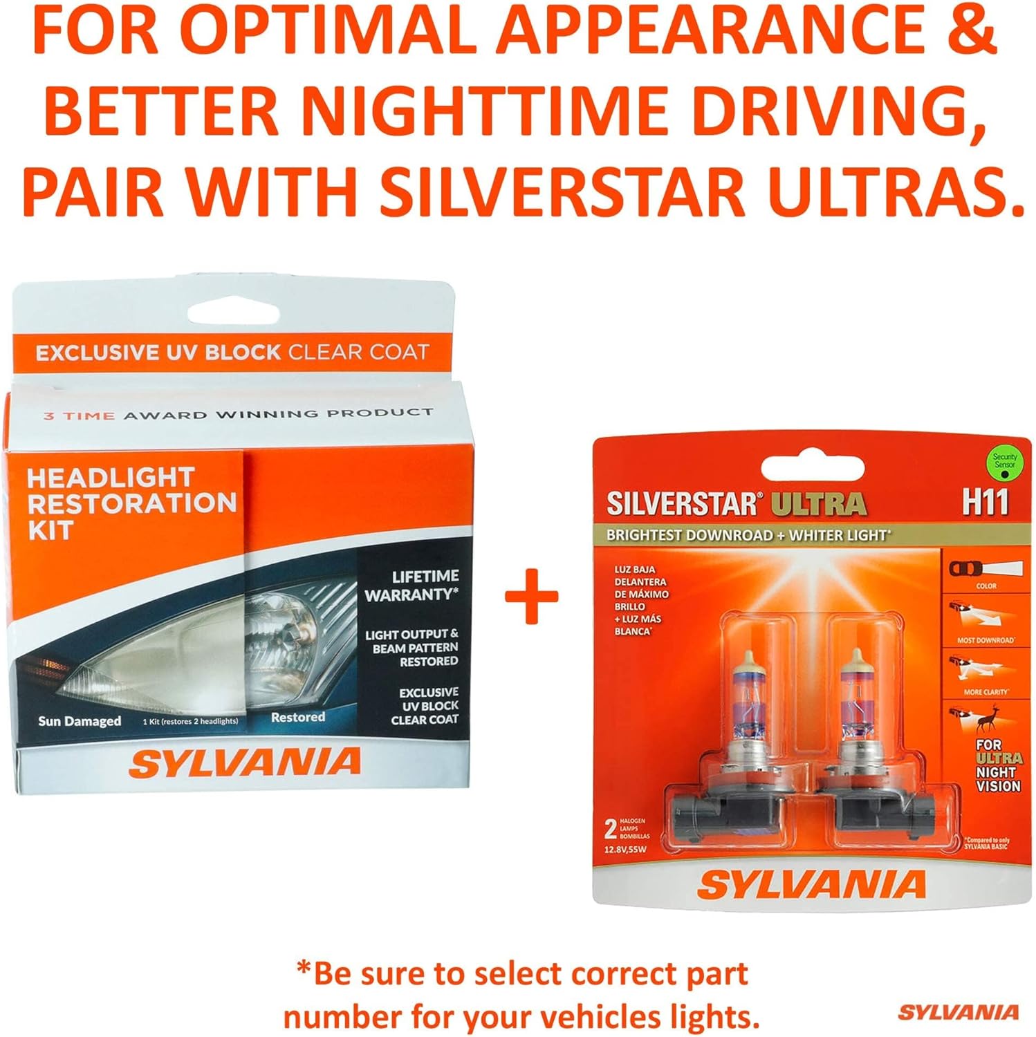Showcases the benefits of using both the headlight restoration kit and Silverstar Ultra bulbs for optimal appearance and better nighttime driving.