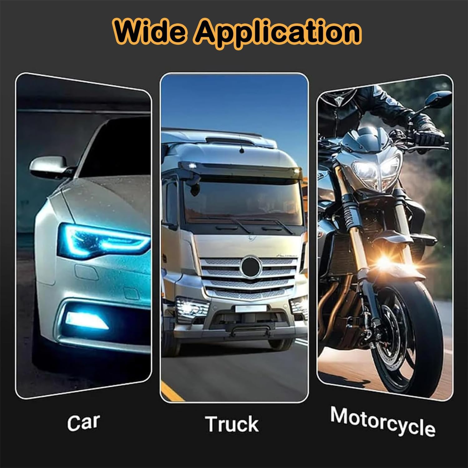 Demonstrates the product's versatility across different types of vehicles, showing it can be used for cars, trucks, and motorcycles.