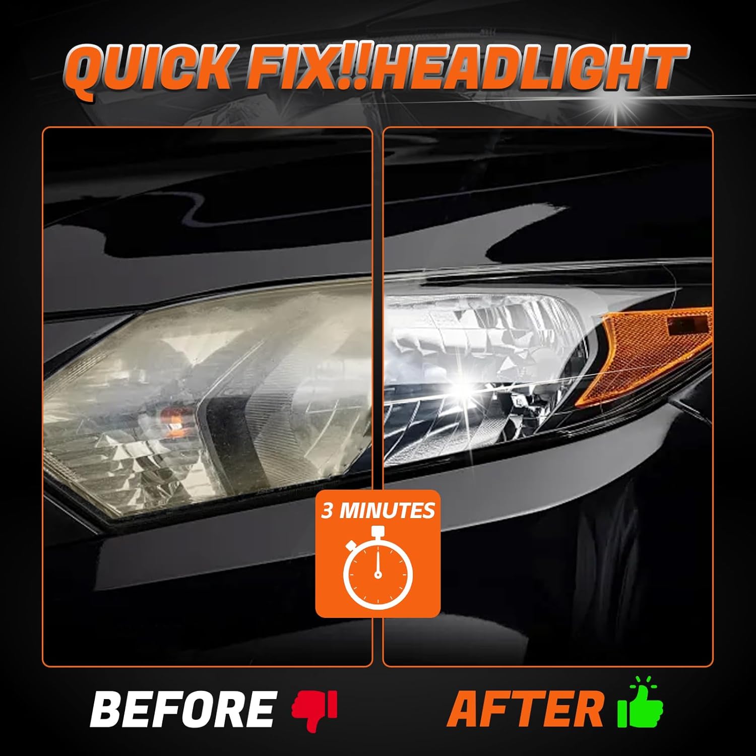 Demonstrates the dramatic improvement in headlight clarity and brightness after using the product, emphasizing its quick and effective results.