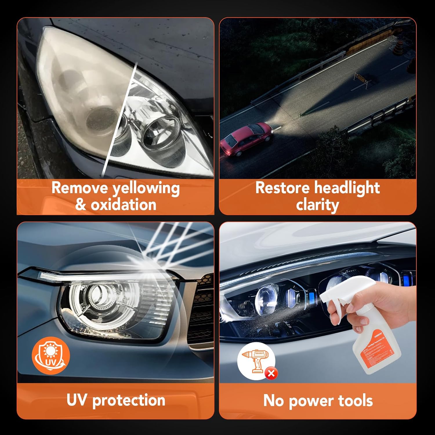 Showcases multiple benefits of the headlight restoration product, including removing yellowing, restoring clarity, providing UV protection, and easy…