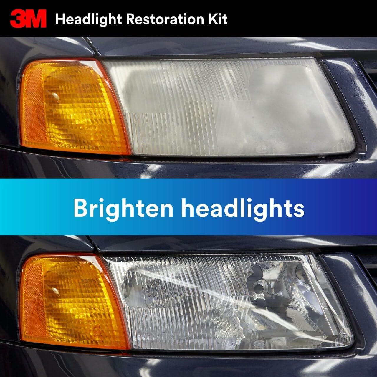 Demonstrates the effectiveness of the 3M Headlight Restoration Kit by showing the dramatic improvement in headlight clarity and brightness.