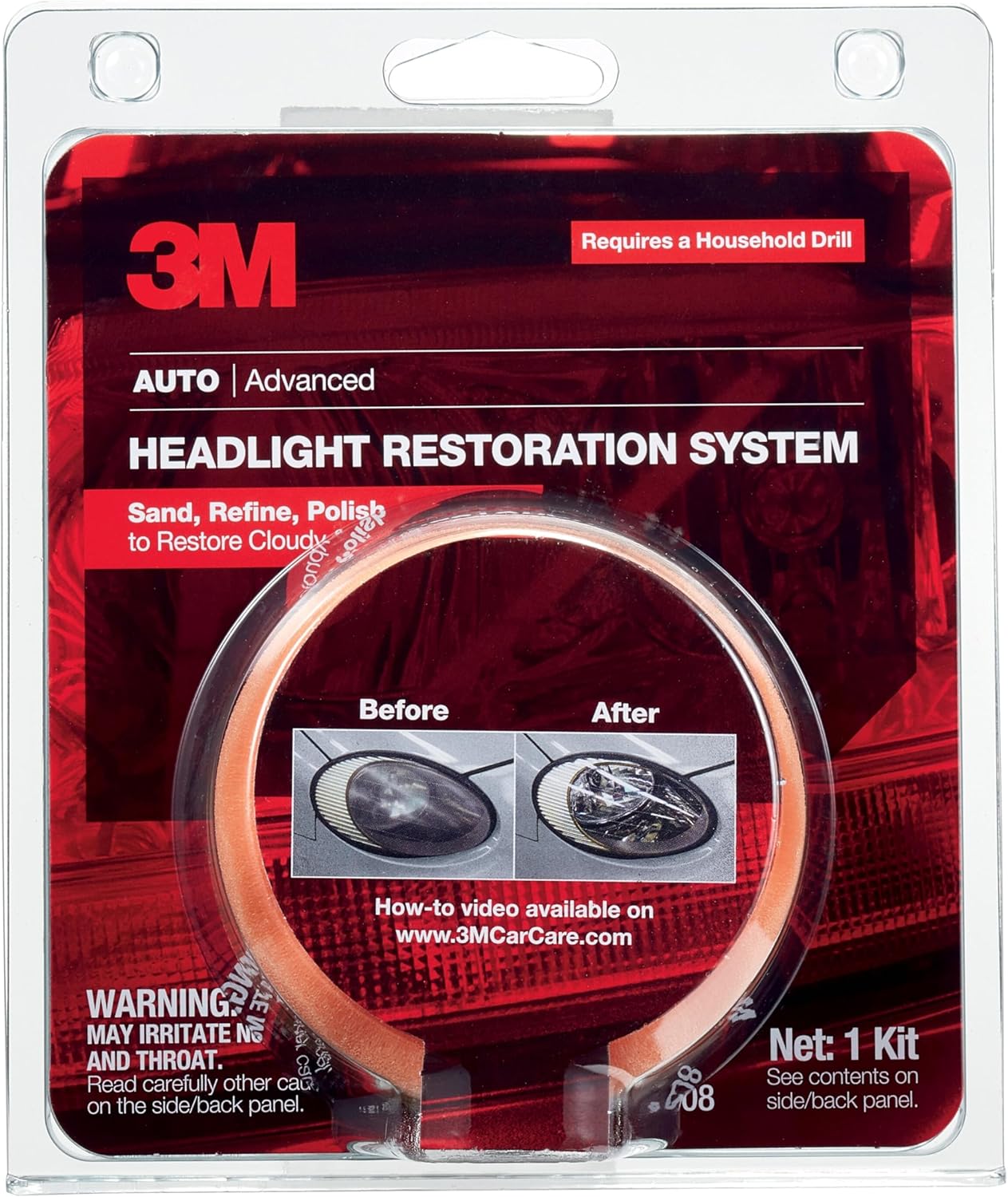 Demonstrates the effectiveness of the headlight restoration system by showing cloudy headlights before use and clear headlights after use.