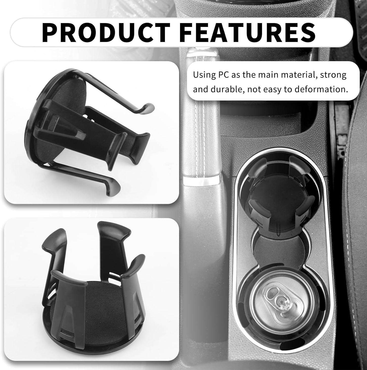 Highlights the product's strong PC material construction and its practical cup holder design for car use.