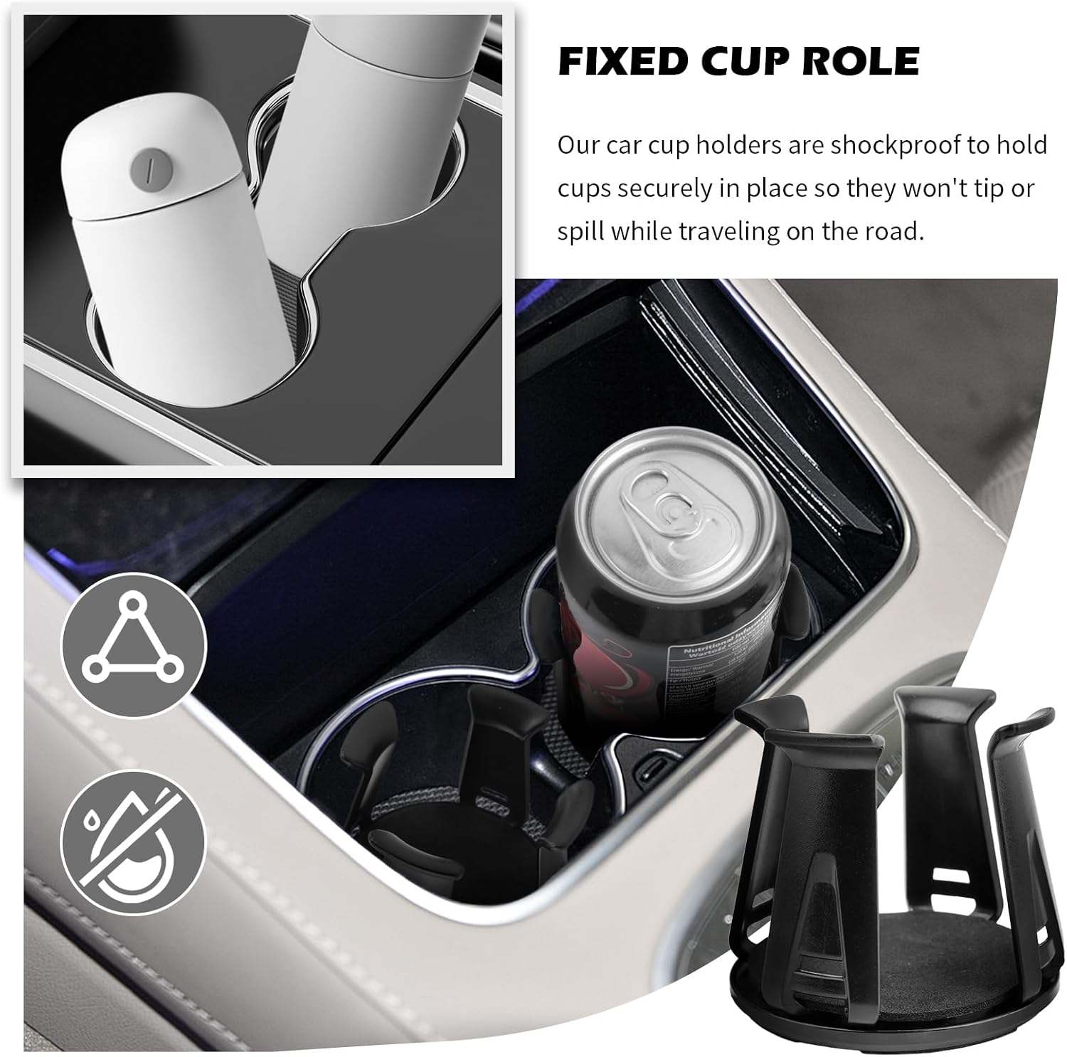 Highlights the car cup holders' ability to securely hold cups and prevent spills while driving, providing peace of mind to drivers.
