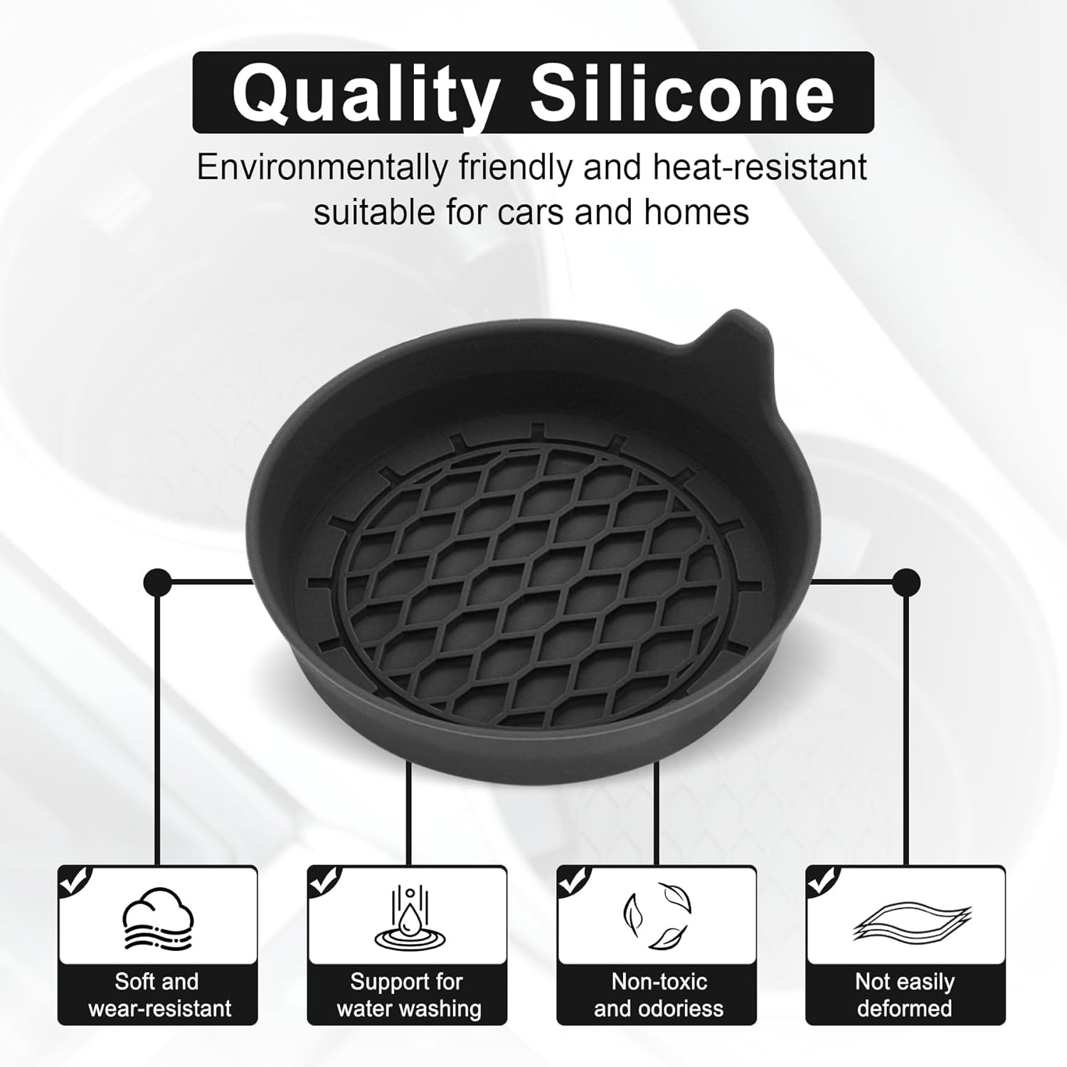 Highlights multiple benefits of the silicone product, emphasizing its quality, eco-friendliness, heat resistance, and suitability for both cars and homes.