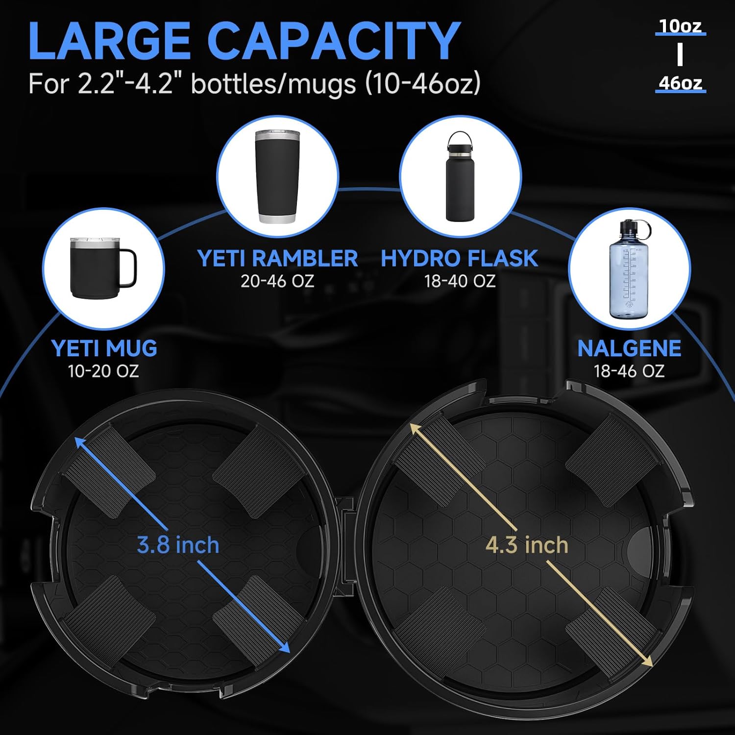 Communicates the product's versatility in accommodating a wide range of bottle and mug sizes, from 10 oz to 46 oz. Shows compatibility with popular bottle brands like Yeti, Hydro Flask, and Nalgene…
