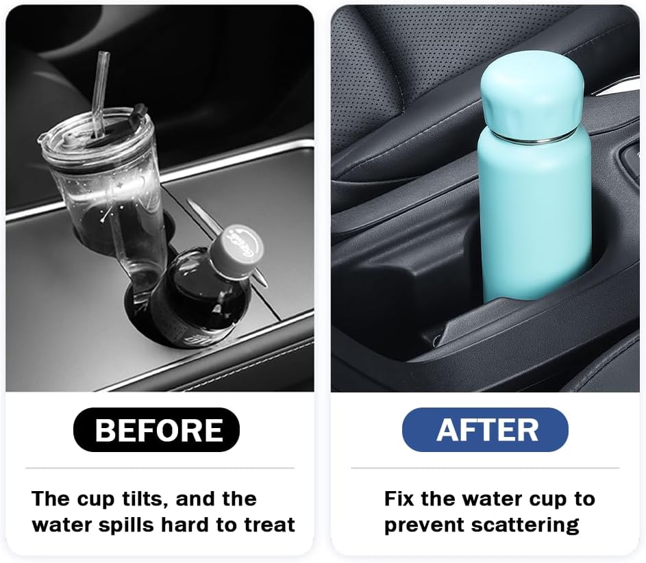 Demonstrates how the product prevents spills and secures drinks in a car cup holder, improving convenience and safety while driving.