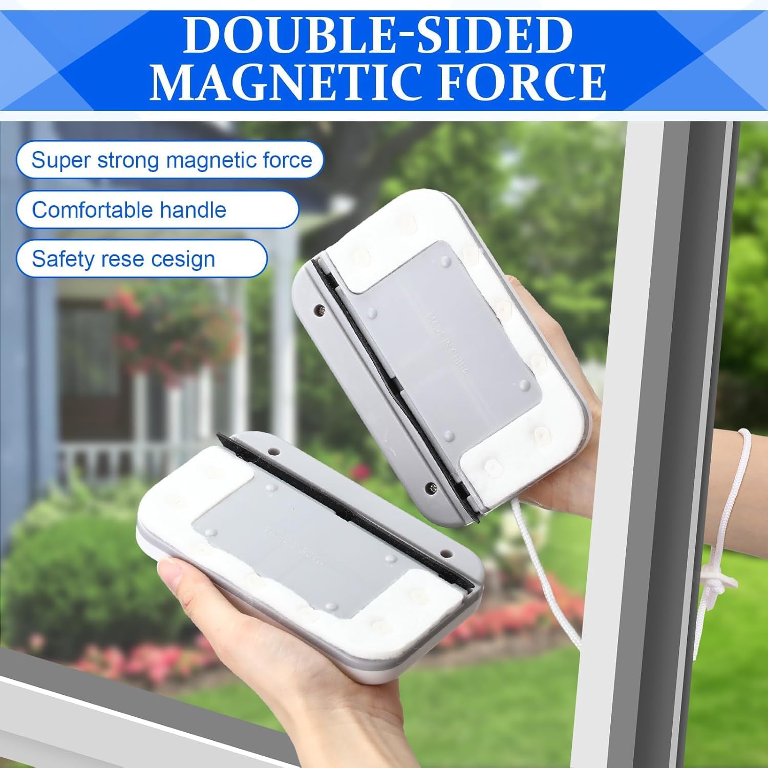 Highlights multiple key features of the double-sided magnetic window cleaner to demonstrate its effectiveness and ease of use.