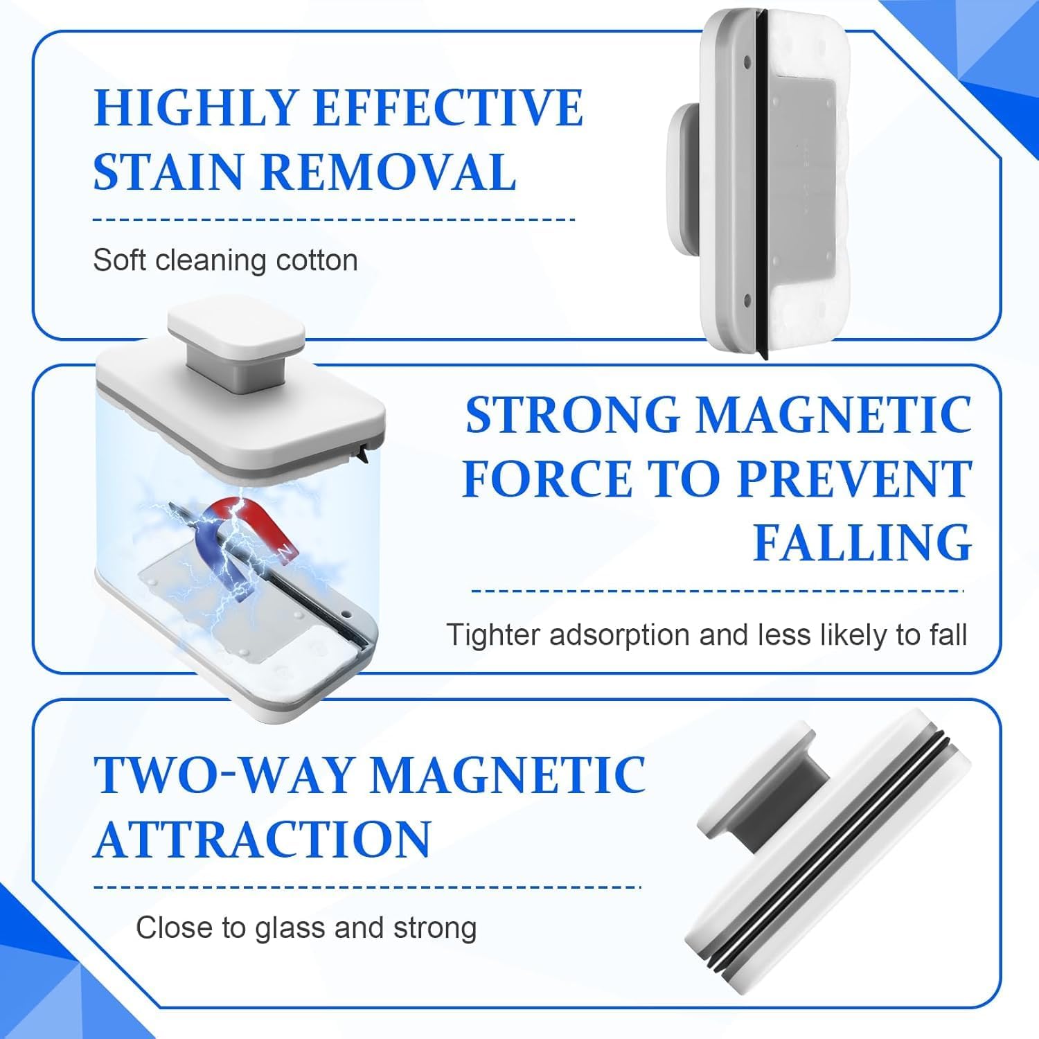 Highlights multiple key features of the product: its effectiveness in stain removal, strong magnetic force to prevent falling, and two-way magnetic attraction…