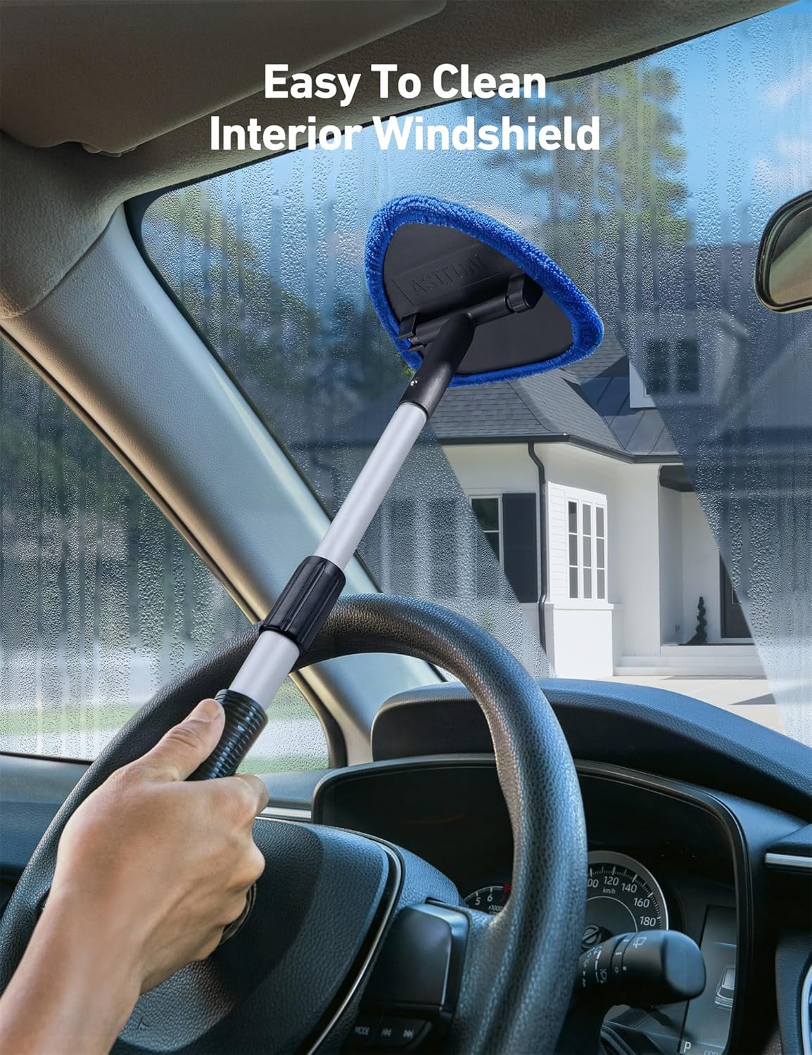 Demonstrates the product's ability to easily clean hard-to-reach interior car windshields, highlighting convenience for car owners.