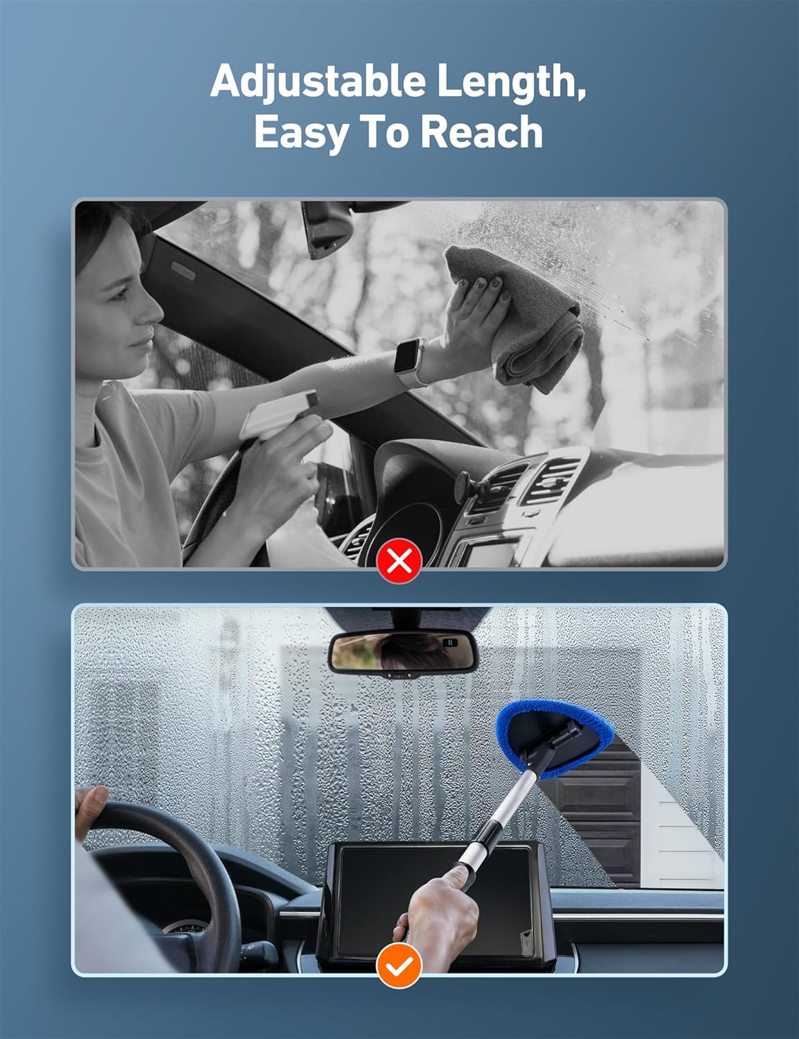 Highlights the product's adjustable length feature, making it easy to reach and clean car windshields.