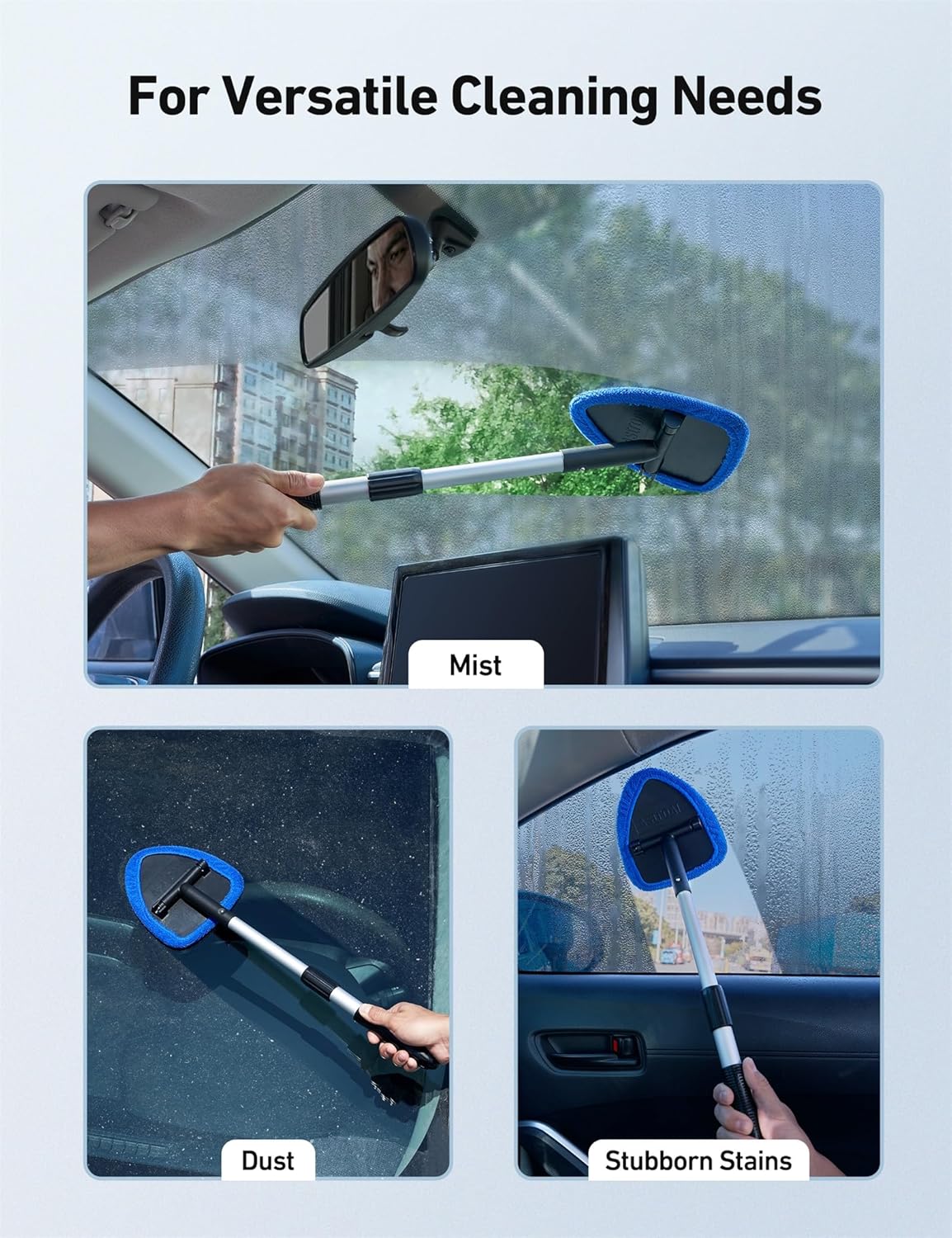 Demonstrates the product's ability to clean various surfaces and types of dirt in a car, showcasing its versatility for different cleaning needs.