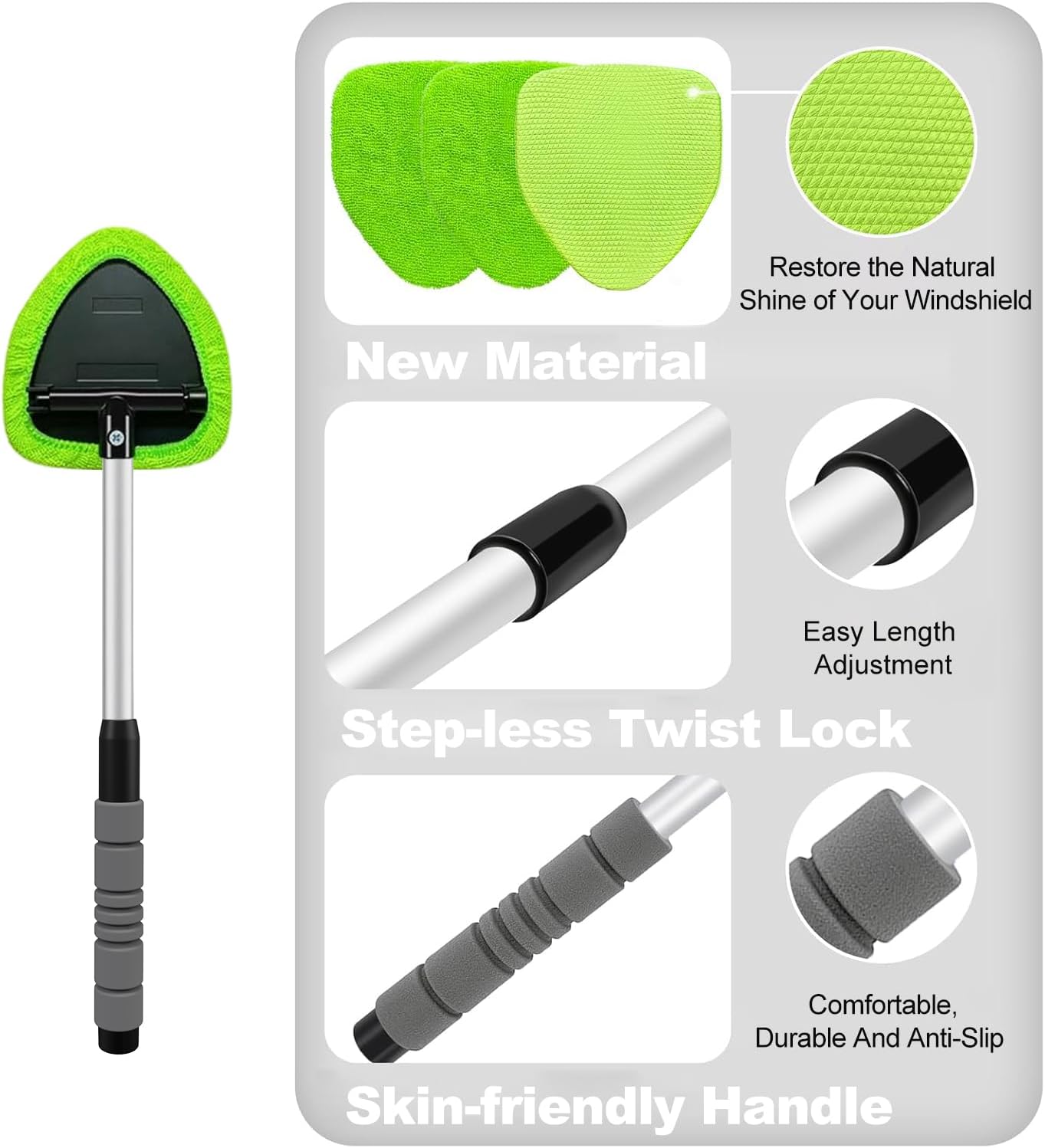Highlights multiple features of the windshield cleaning tool, showcasing its improved design and ease of use.