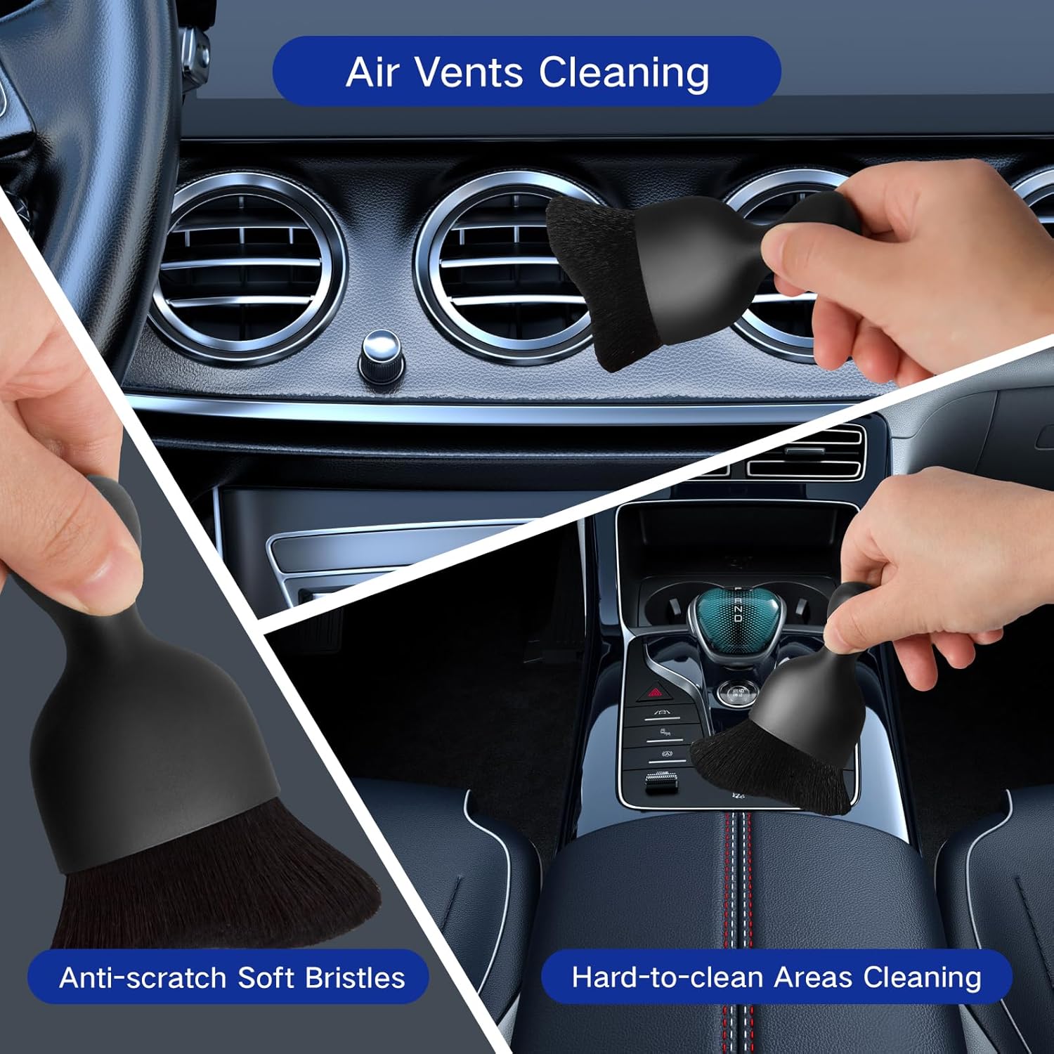 Demonstrates how to use the product to clean air vents and hard-to-reach areas in a car interior, highlighting its effectiveness and versatility.