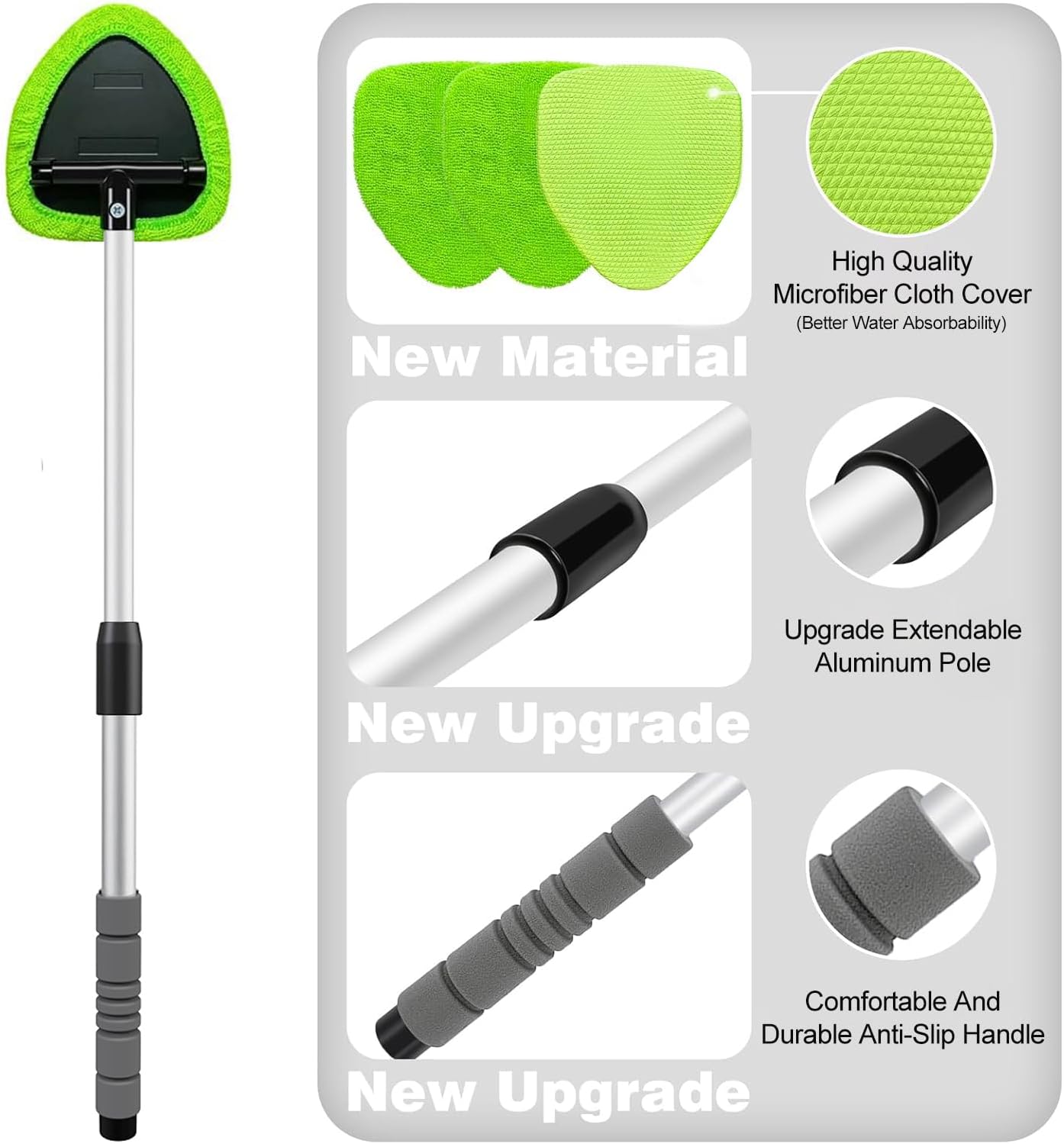 Highlights multiple product improvements including new microfiber cloth, upgraded extendable pole, and enhanced handle design.