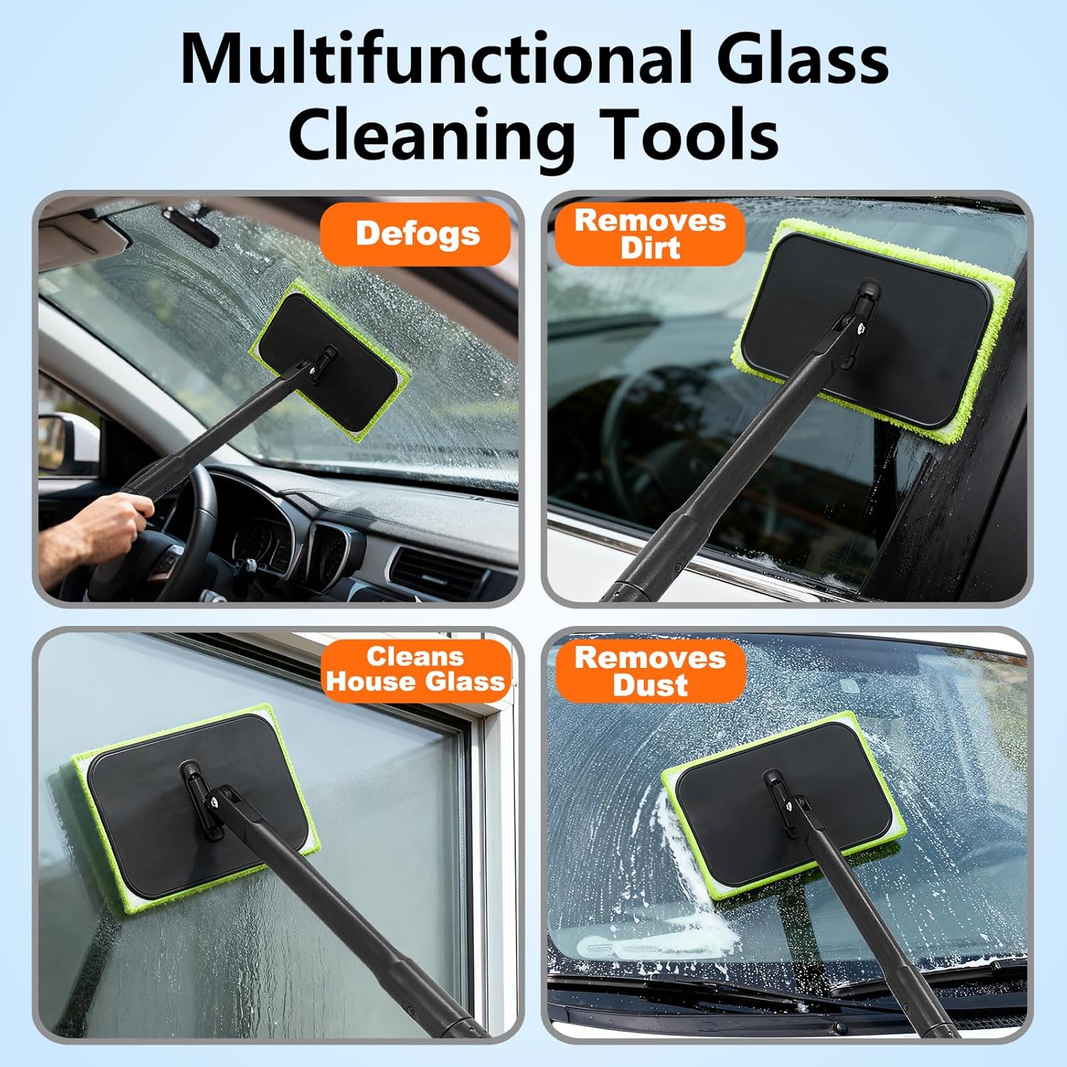 Showcases the versatility of the glass cleaning tool by demonstrating its multiple applications for different cleaning tasks. Illustrates the various surfaces…