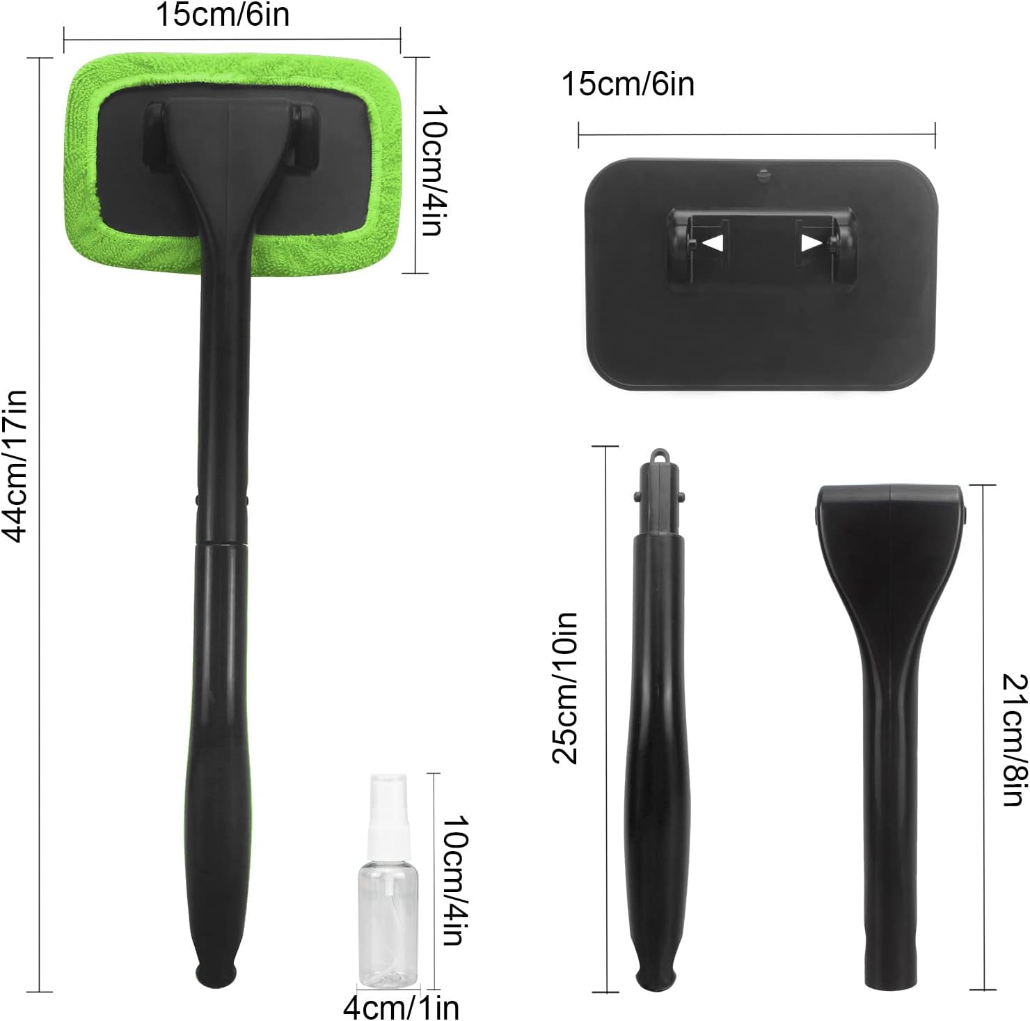 Provides exact measurements of the windshield cleaning tool components to help customers understand the size and reach of the product.