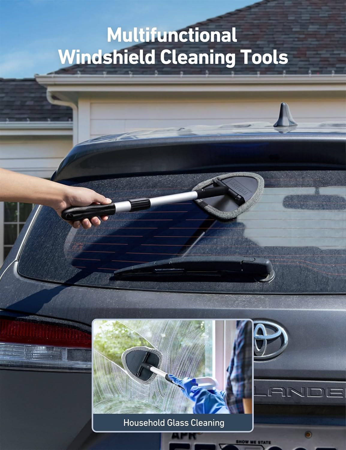Demonstrates the versatility of the cleaning tool for both car windshields and household glass surfaces.
