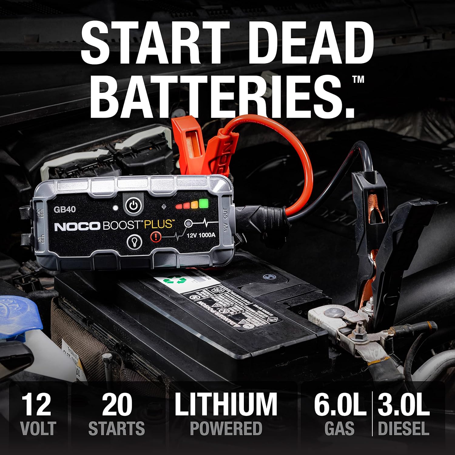 Highlights the product's ability to jump start dead car batteries, emphasizing its power and reliability in emergency situations.