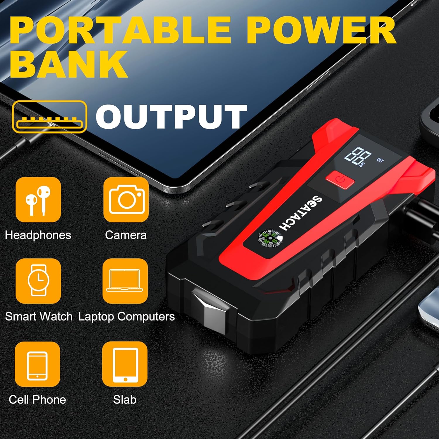 Showcases the versatility of the portable power bank by illustrating its compatibility with various electronic devices. Highlights the power bank's ability to…